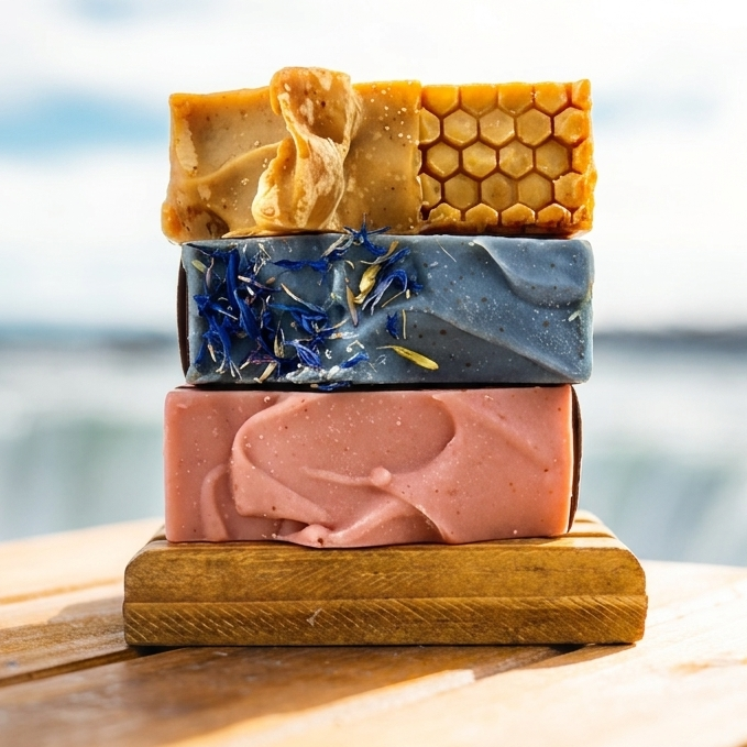 Stack of three handmade soap bars on a wooden surface with a blurred natural background