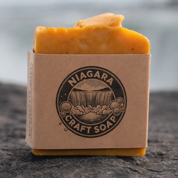 Bar of soap with a cardboard box labeled 'Niagara Crafts Soap' on a rocky surface with water in the background.