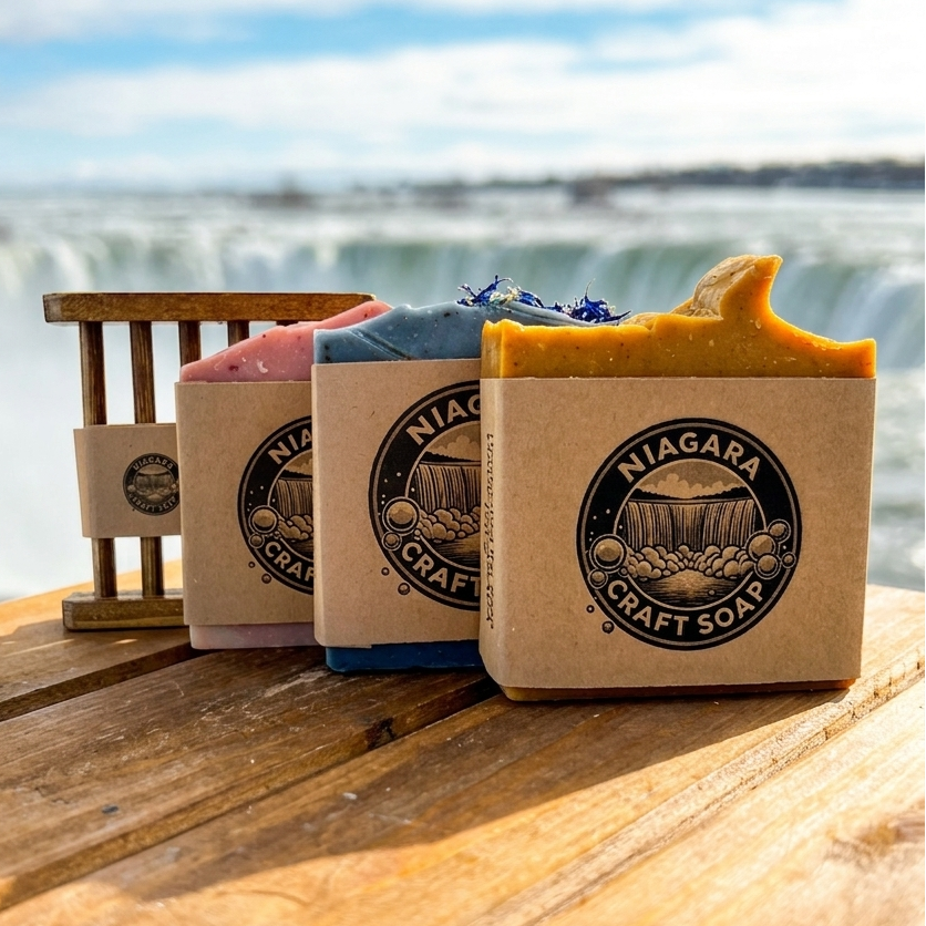 Three bars of soap with 'Niagara Craft Soap' packaging on a wooden surface by a scenic waterfront.