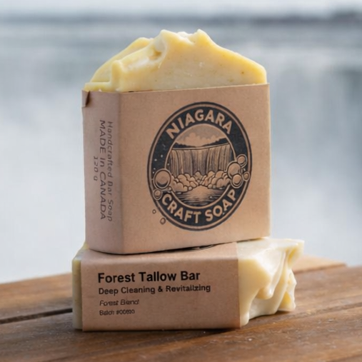 Bar of soap on a wooden board with a scenic background