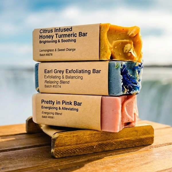 Stack of soap bars on a wooden block with a blurred natural background