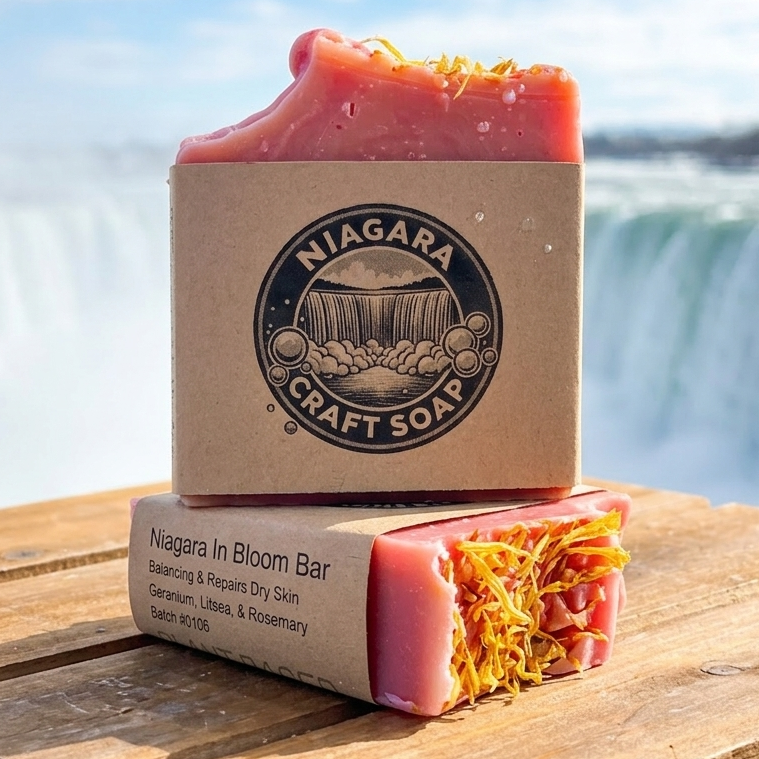 Two bars of Niagara Craft Soap on a wooden platform with a waterfall in the background