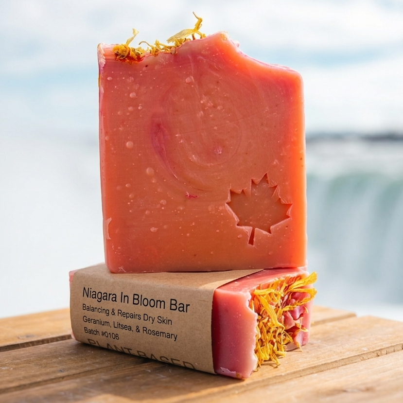 Pink soap bar with a maple leaf design on a wooden board by a waterfront