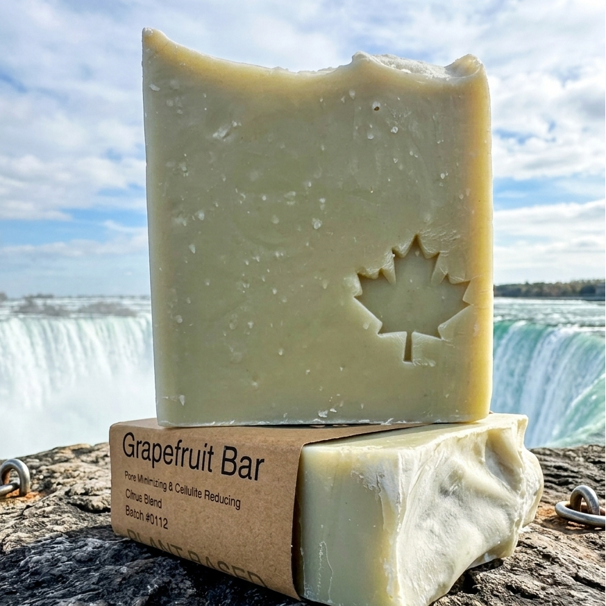 Grapefruit bar soap with a maple leaf design on a rock, Niagara Falls in the background
