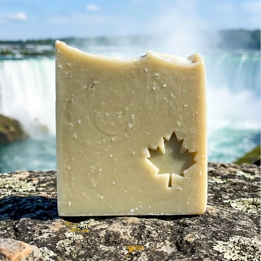 Bar of soap with a maple leaf design on a rocky surface with a waterfall in the background