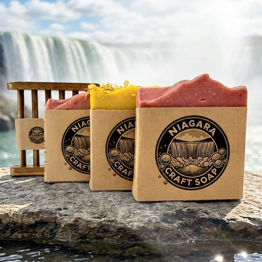Three bars of soap on a rock with a waterfall in the background, featuring the Niagara Craft Soap brand.