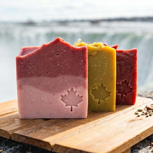 Three colorful soap bars on a wooden board with a scenic background