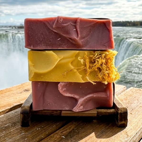 Three bars of soap stacked on a wooden surface with a waterfall in the background