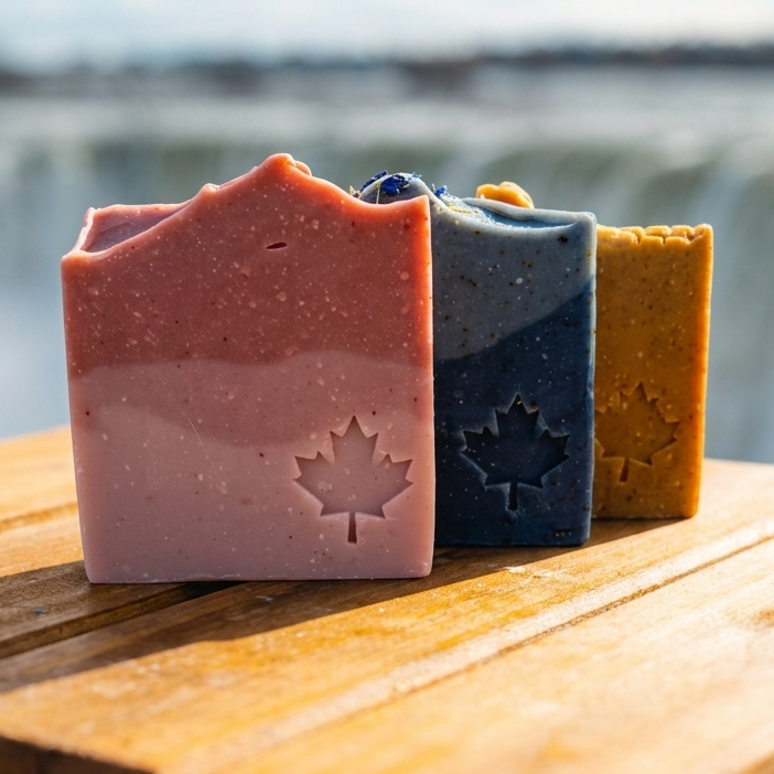 Three colorful soap bars with maple leaf designs on a wooden surface by a body of water.