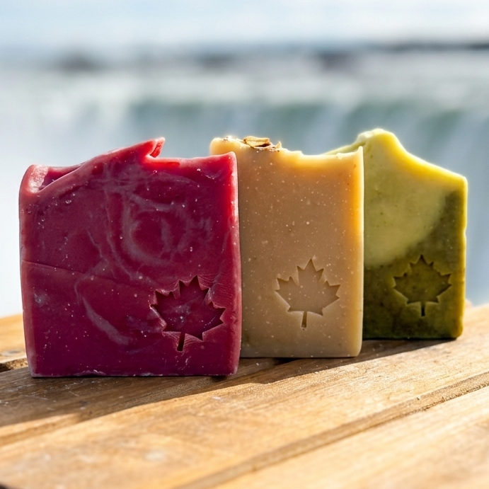 Three colorful soap bars on a wooden surface with a blurred natural background