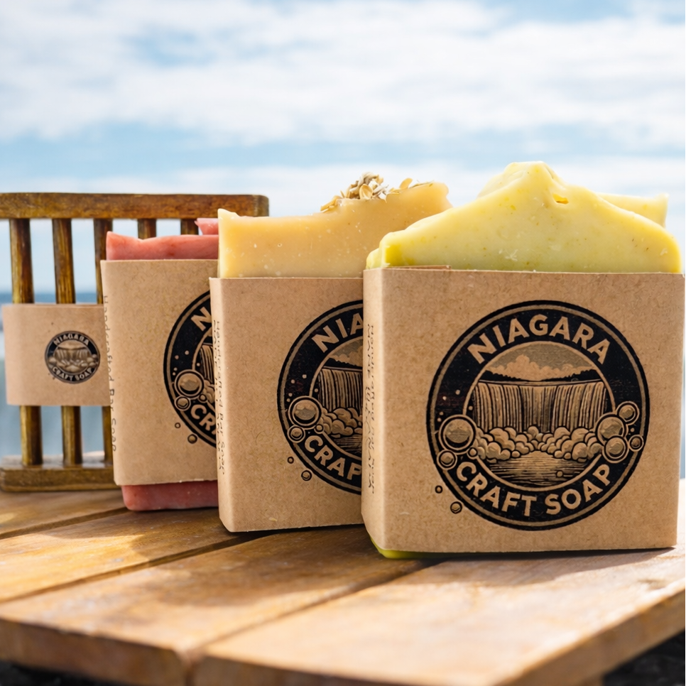 Three bars of Niagara Craft Soap on a wooden surface with a scenic background.