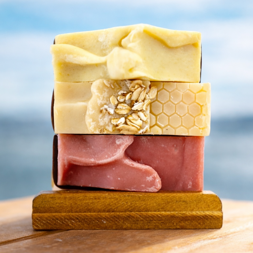 Stack of three soaps on a wooden block with a blurred natural background
