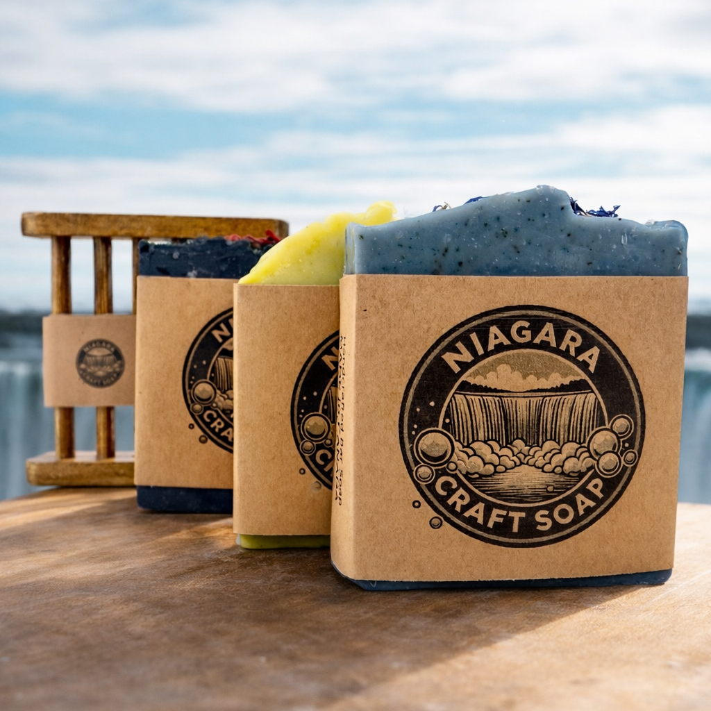 Three bars of soap in cardboard packaging with 'Niagara Craft Soap' branding against a blue sky.