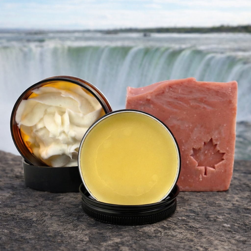 Cosmetic products with a scenic background of a waterfall