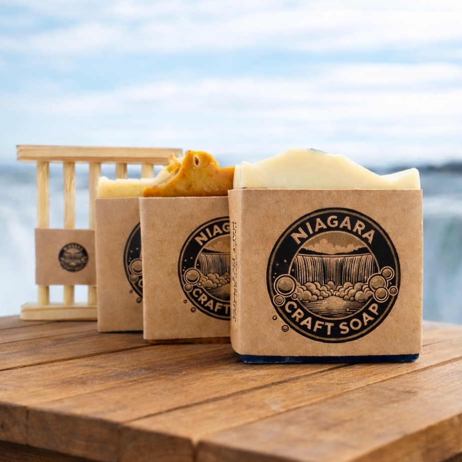 Three bars of Niagara Craft Soap on a wooden surface with a scenic background.