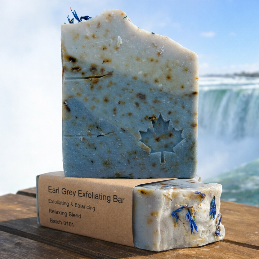 Bar of soap with packaging in front of a waterfall
