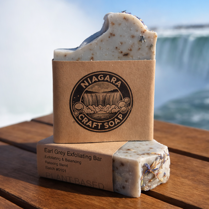 Bar of soap with 'Niagara Craft Soap' branding in front of Niagara Falls.