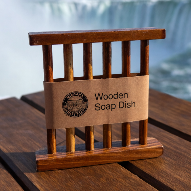 Wooden soap dish with 'Wooden Soap Dish' label in front of Niagara Falls