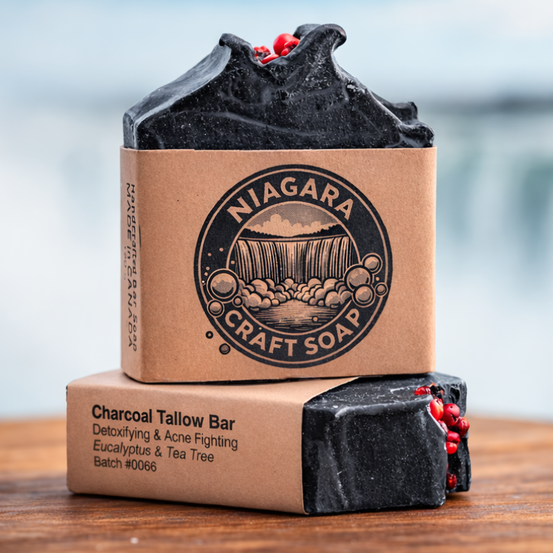 Niagara Craft Soap charcoal tallow bar with packaging on a wooden surface and blurred natural background