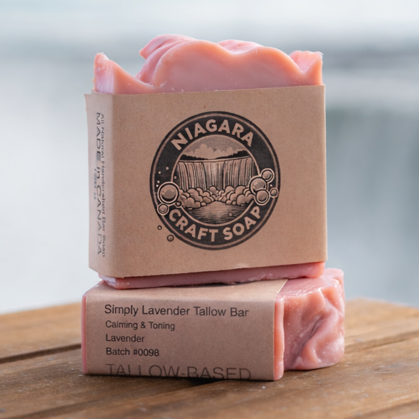 Two bars of soap stacked on a wooden surface with a blurred natural background