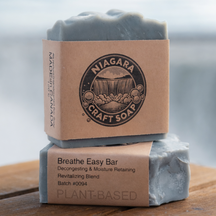 Two bars of soap with cardboard packaging on a wooden surface, with a blurred natural background.