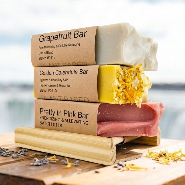 Stack of soap bars on a wooden platform with a blurred natural background