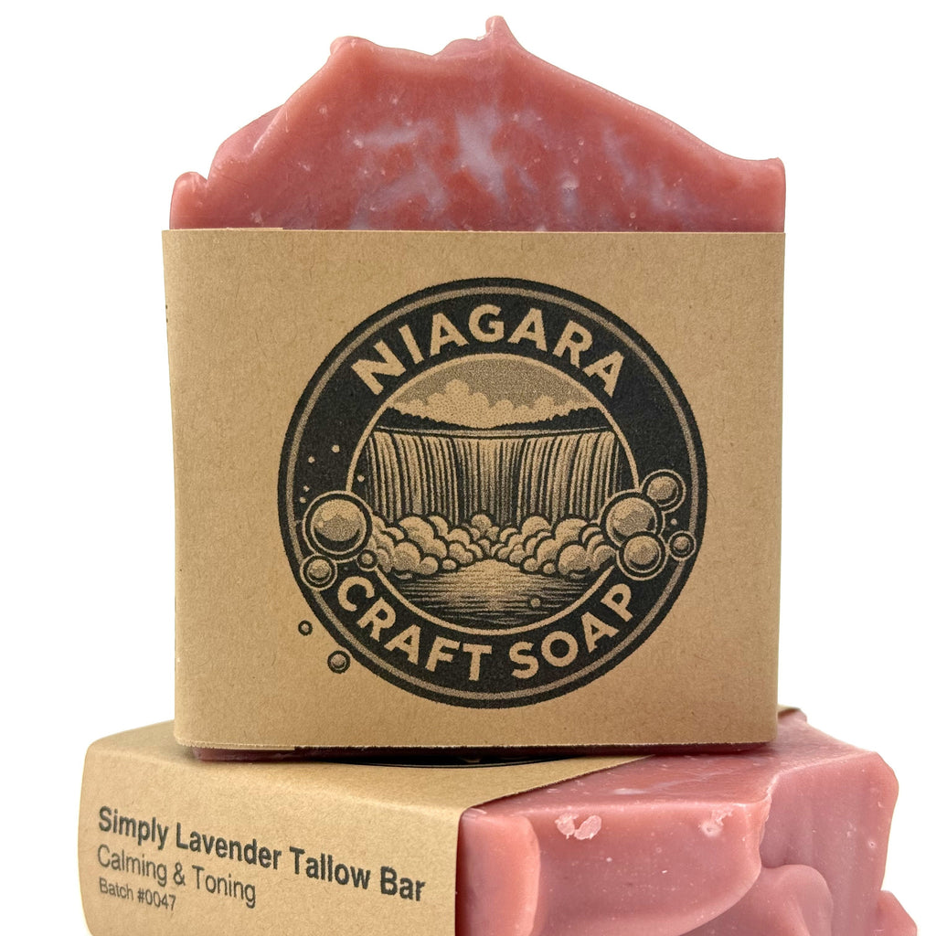 Pink soap bar with Kraft paper packaging featuring 'Niagara Craft Soap' logo on a white background