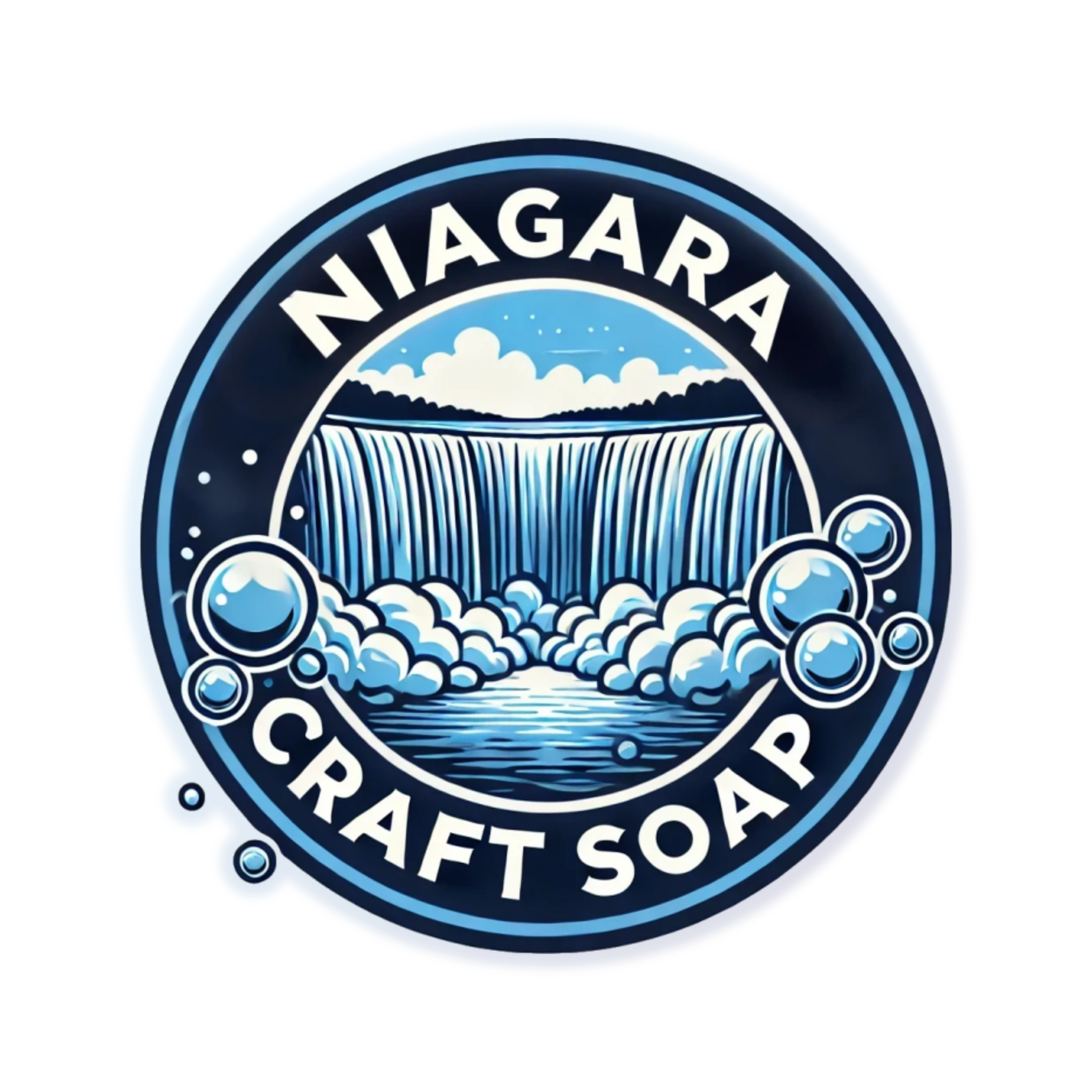 Logo of Niagara Craft Soap with a waterfall illustration on a blue background